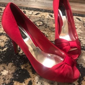 3 inch Red Satin Bow Peep Toe Heels